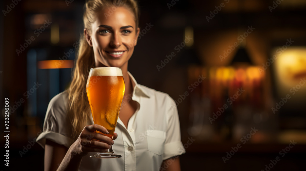 Barman hands pouring a lager beer in a glass.