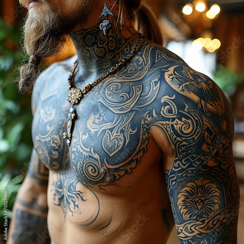 The bare-chested man, adorned with extensive tribal tattoos, wears heavy jewelry on his neck and ear