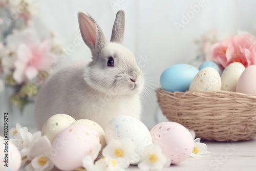 Cute Rabbit and Colored Easter Eggs