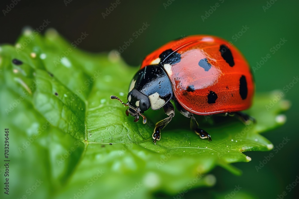 Fototapeta premium Ladybug, red with black dots green plant leaf. A beautiful brightly colored insect crawling on a bush leaf on a sunny day.