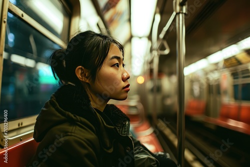 Asian woman with a serious face sits on a deserted metro train. Tired young female riding in a subway at late hours.