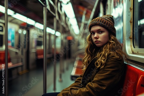 European woman with a serious face sits on a deserted metro train. Tired young female riding in a subway at late hours.