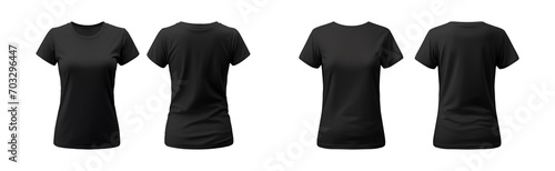 realistic set of female black t-shirts mockup front and back view isolated on a transparent background, cut out