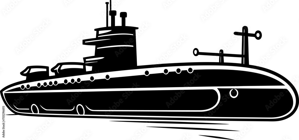 Submarine silhouette in black color. Vector template for laser cutting wall art.