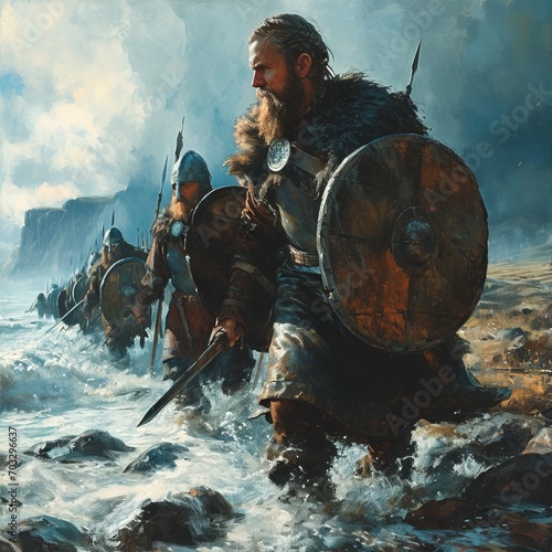 Эпическая сцена викингов, смело шествующих через взбалмошные волны моря. На переднем плане мужественный воин с бородой, облаченный в традиционную броню и оснащенный круглым щитом и мечом, ведет ряд во