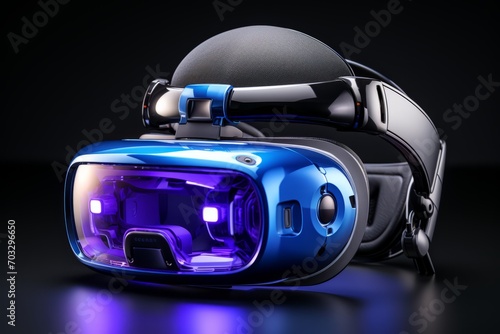 Gaming Console with Immersive Headset and Motion Controllers, on an isolated Virtual Reality Blue background, Generative AI