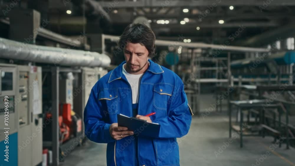 A male engineer in a blue uniform walks through the factory workshop and checks the operating parameters of an automatic production line. Work on setting up automatic equipment. A male engineer in a blue uniform walks through the factory workshop and checks the operating parameters of an automatic production line. Work on setting up automatic equipment.
