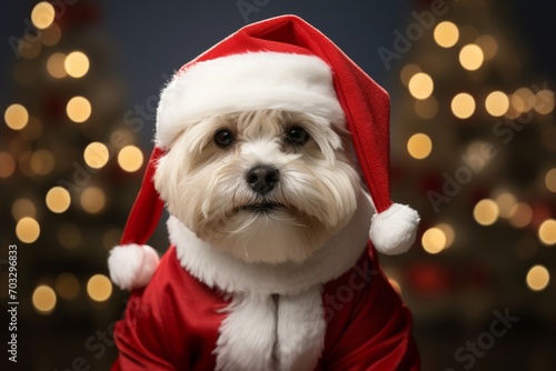 Dog with winter clothes like Santa Claus. Christmas style hat and sweater © Andrei