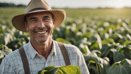 A cheerful male farmer holding a tobacco leaf stands in a green field. photo