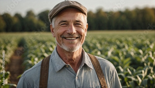 A smiling male farmer wearing a cap stands amongst green tobacco plants. photo