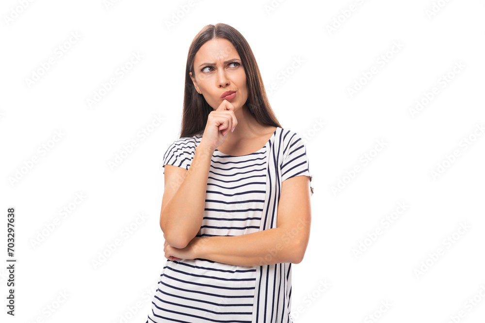 30 year old pretty brunette model woman with long straight hair dressed in a striped t-shirt on a white background with copy space 30 year old pretty brunette model woman with long straight hair dressed in a striped t-shirt on a white background with copy space