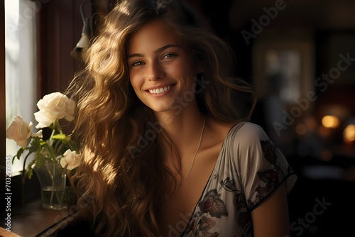 An enchanting portrayal of a model exuding confidence with a mesmerizing smile and perfect skin.