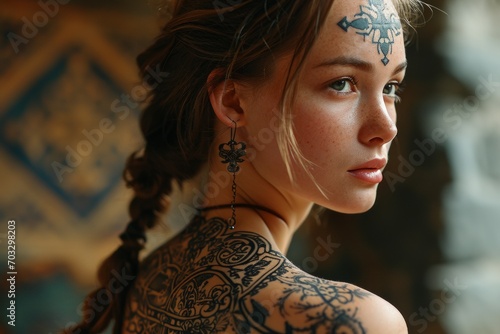 A young woman with striking black mehendi tattoos on her face and neck, with her hair combed back and braided, against the background of a traditional patterned bedspread photo