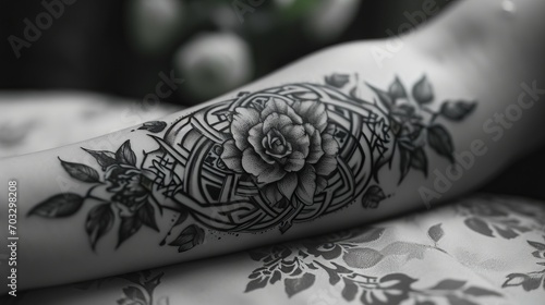 Close-up of a tattoo with a rose and patterns on the forearm in black and white. The tattoo is made in a geometric style with mandala elements; thin leaves and branches are drawn around the rose.