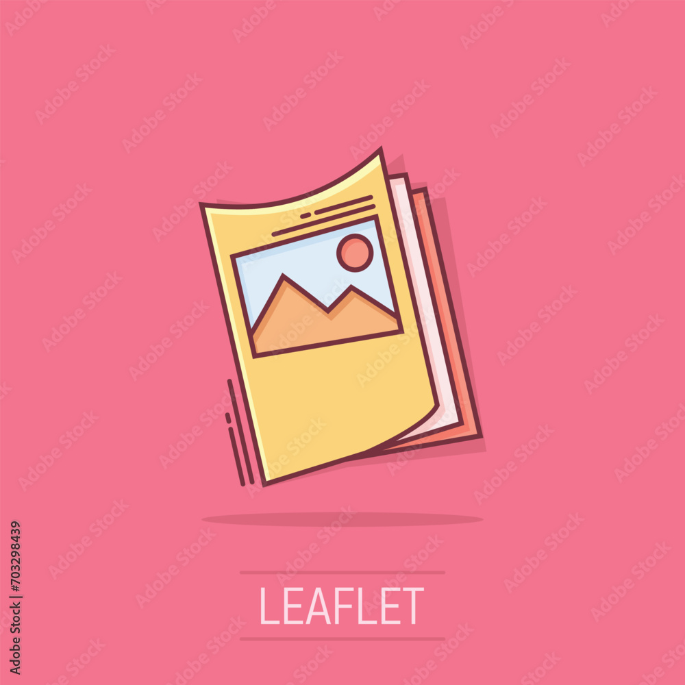 Flyer leaflet icon in comic style. Brochure sheet vector cartoon illustration pictogram. Booklet flyer business concept splash effect. Flyer leaflet icon in comic style. Brochure sheet vector cartoon illustration pictogram. Booklet flyer business concept splash effect.