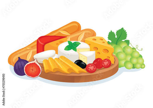 Cheese plate with grapes, figs and baguette vector illustration. Various types of cheese on a wooden cutting board icon vector. Cheese platter with camembert, emmental and more on a white background