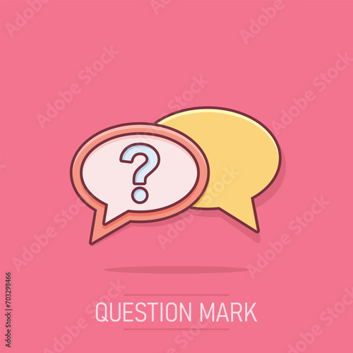 Question mark icon in comic style. Discussion speech bubble vector cartoon illustration pictogram. Question business concept splash effect.
