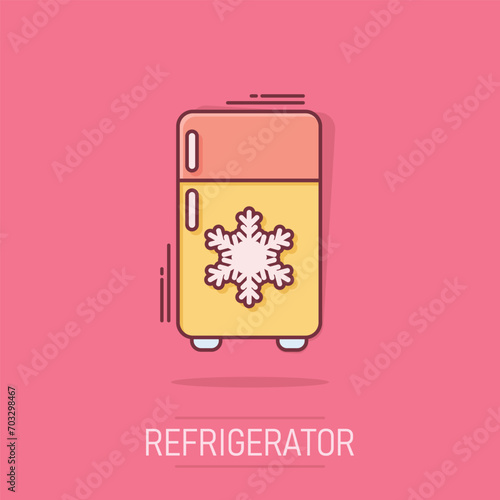 Fridge refrigerator icon in comic style. Freezer container vector cartoon illustration pictogram. Fridge business concept splash effect.