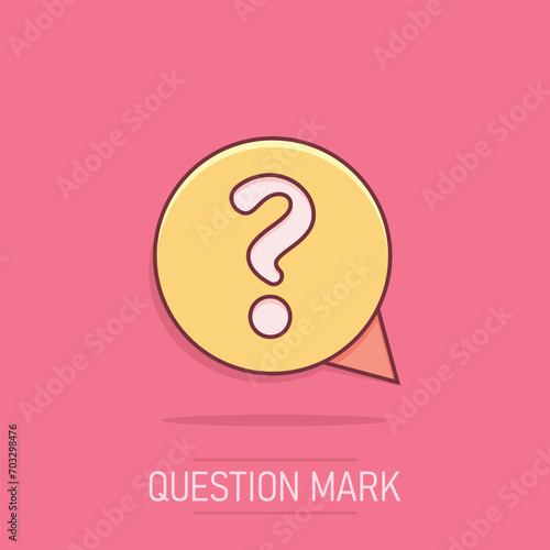 Question mark icon in comic style. Discussion speech bubble vector cartoon illustration pictogram. Question business concept splash effect.