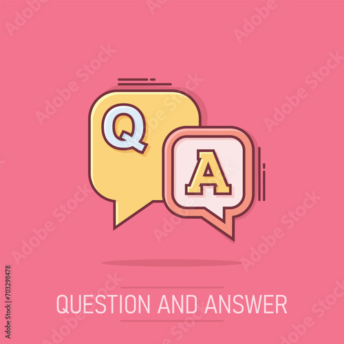 Question and answer icon in comic style. Discussion speech bubble vector cartoon illustration pictogram. Question, answer business concept splash effect.