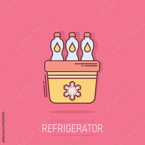 Fridge refrigerator icon in comic style. Freezer container vector cartoon illustration pictogram. Water bottle business concept splash effect.