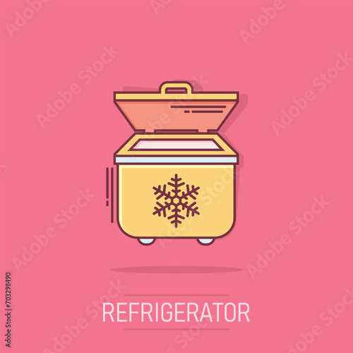 Fridge refrigerator icon in comic style. Freezer container vector cartoon illustration pictogram. Fridge business concept splash effect.