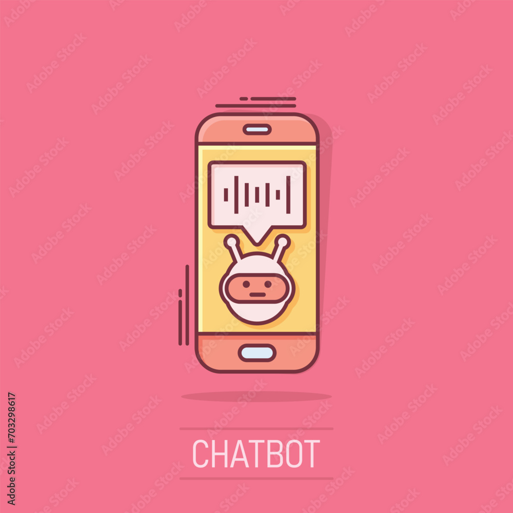 Naklejka premium Voice assistant on smartphone icon in comic style. Sound record vector cartoon illustration on white isolated background. Chat recognition business concept splash effect.