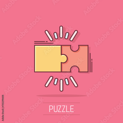 Puzzle compatible icon in comic style. Jigsaw agreement vector cartoon illustration on white isolated background. Cooperation solution business concept splash effect. photo