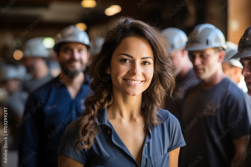 Obraz premium An intelligent woman in a hard hat leads a team of professionals in construction gear, construction picture