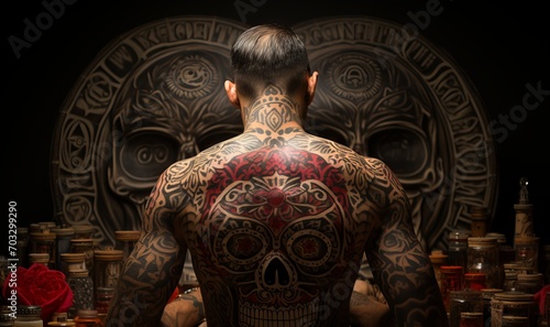 Back of a man with large-scale tattoos, including a large skull in the center, concept: visual impression and art