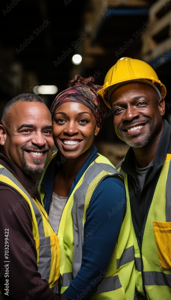 Diverse men in safety vests collaborate in an industrial warehouse using tools and equipment for their tasks, construction picture Diverse men in safety vests collaborate in an industrial warehouse using tools and equipment for their tasks, construction picture