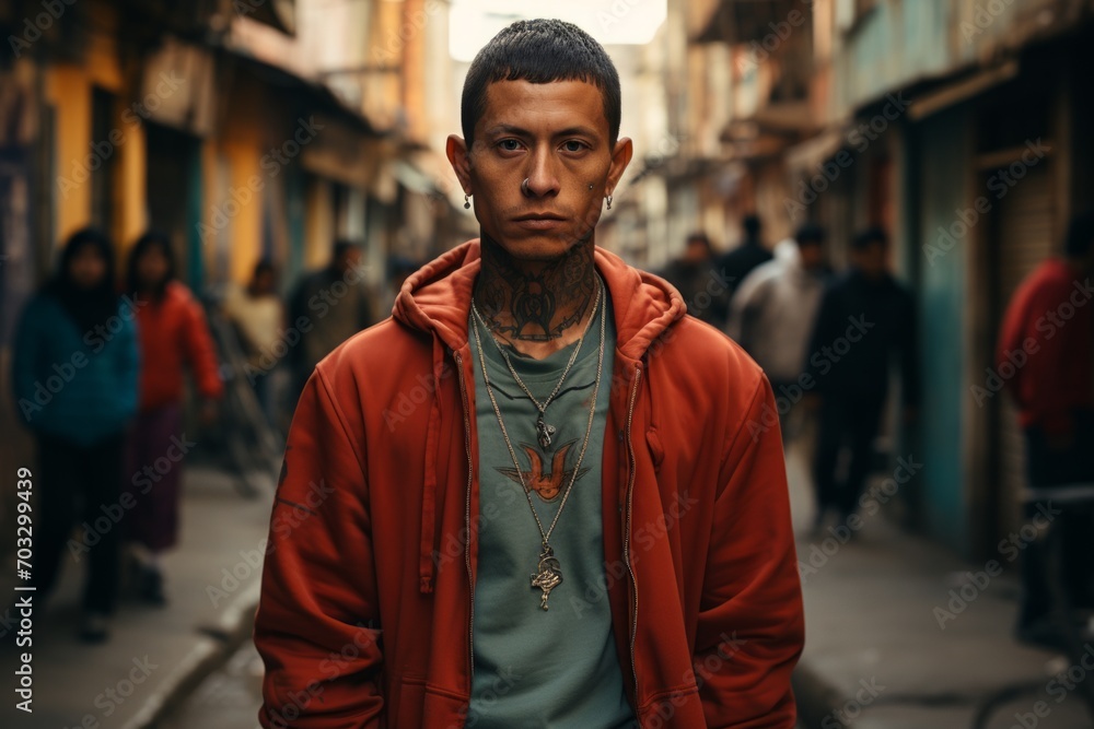 Fototapeta premium The man in the red jacket, his tattoos and determined gaze make him stand out from the crowd, creating an image of urban style and self-expression