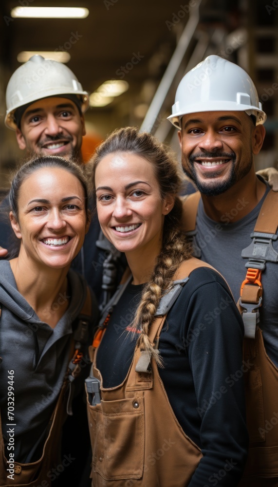 Four diverse construction workers in hazmat vests at an industrial site, construction picture Four diverse construction workers in hazmat vests at an industrial site, construction picture