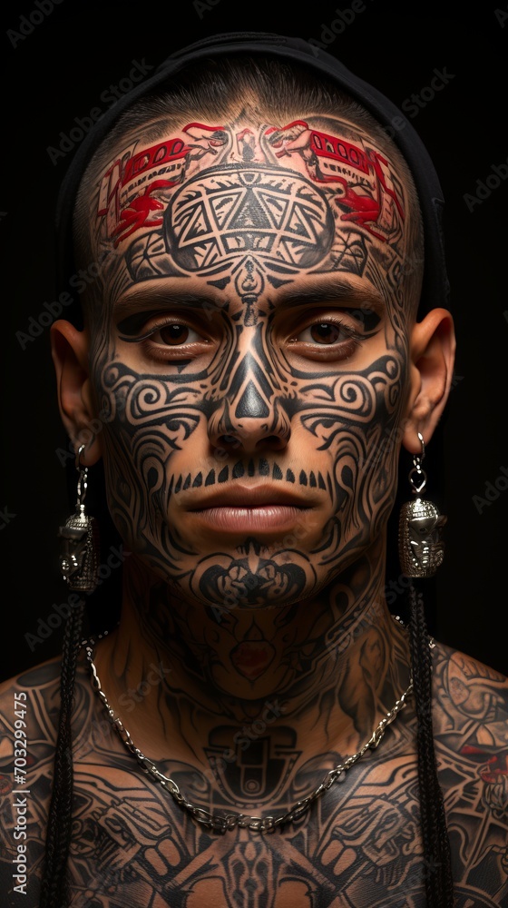 Portrait of a man with intriguing ethnic tattoos on his face and head, and traditional jewelry highlighting his cultural heritage and tattoo art Portrait of a man with intriguing ethnic tattoos on his face and head, and traditional jewelry highlighting his cultural heritage and tattoo art