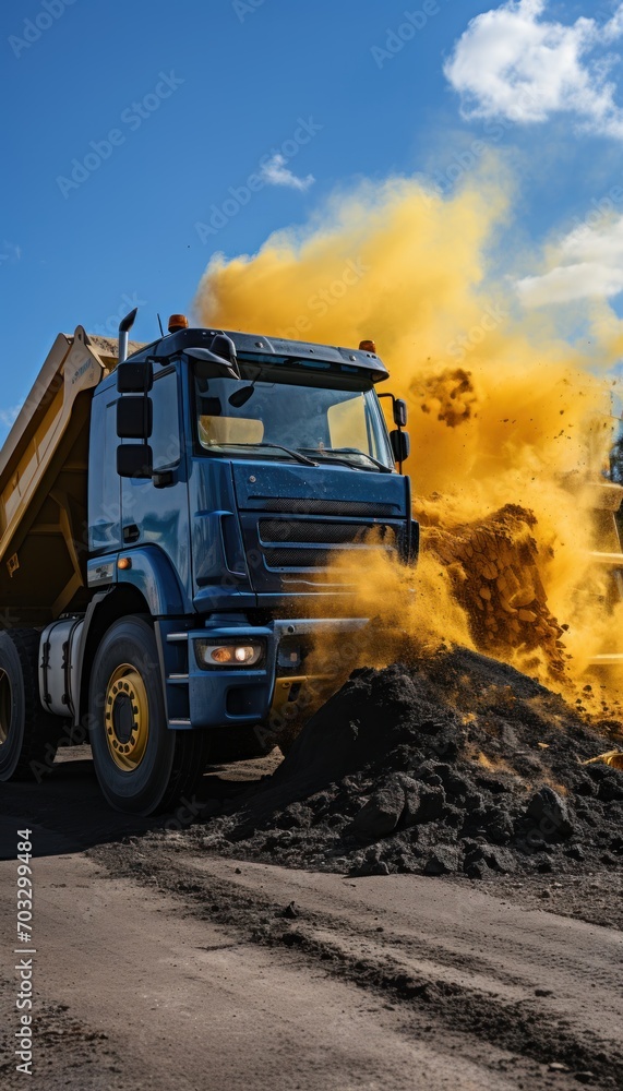 A dumptruck unloads soil and dirt on to the ground, construction picture A dumptruck unloads soil and dirt on to the ground, construction picture
