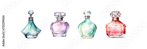 Watercolor perfume bottle set. Vector illustration design.