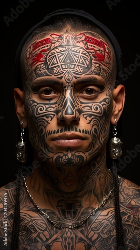 Portrait of a man with intriguing ethnic tattoos on his face and head, and traditional jewelry highlighting his cultural heritage and tattoo art