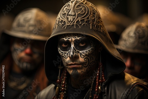 A hooded man with a skull tattoo on his face and mystical symbols standing in the foreground with other people in similar outfits
