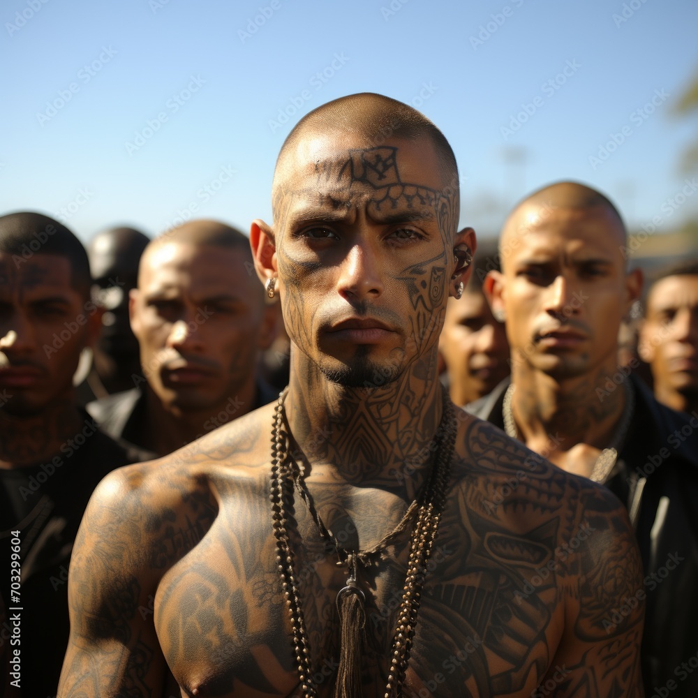 Portrait of a serious man with tattoos on his face and body standing in the foreground with a group of people in the background, emphasizing the strength and solidarity of the group Portrait of a serious man with tattoos on his face and body standing in the foreground with a group of people in the background, emphasizing the strength and solidarity of the group