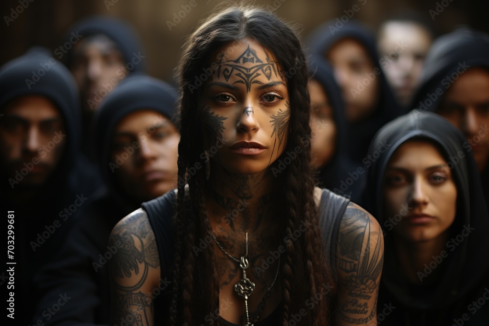 portrait of a young woman with tattoos in the style of a Polynesian tribe, emphasizing her uniqueness and charisma