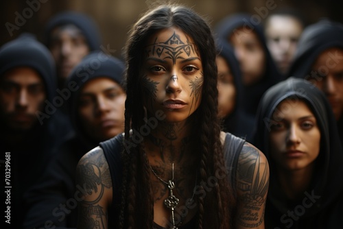 portrait of a young woman with tattoos in the style of a Polynesian tribe, emphasizing her uniqueness and charisma