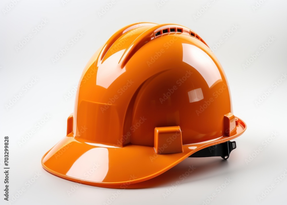 A bright orange hardhat resting on a pristine white surface, construction site photo A bright orange hardhat resting on a pristine white surface, construction site photo