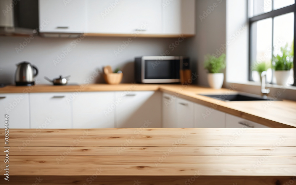 Empty wooden table with a blurred kitchen background and copy space Empty wooden table with a blurred kitchen background and copy space