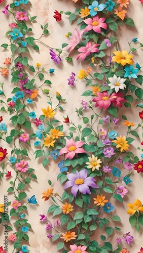 colorful flowers on the wall  background with flowers