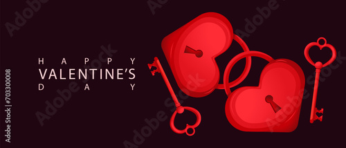 Valentine's Day background. Illustration with a red heart-shaped lock and key. Happy Valentine's Day. Vector illustration.