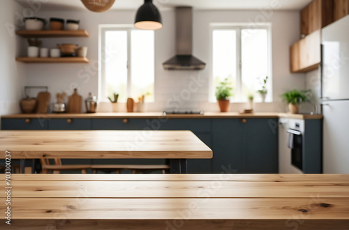 Empty wooden table with a blurred kitchen background and copy space © StockArtEmpire.AI