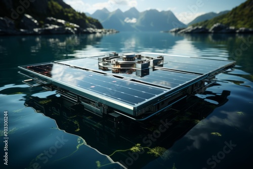 Solar-Powered Floating Platform on a Clean Water Surface, on an isolated Clean Water Blue background, Generative AI. © Box Milk
