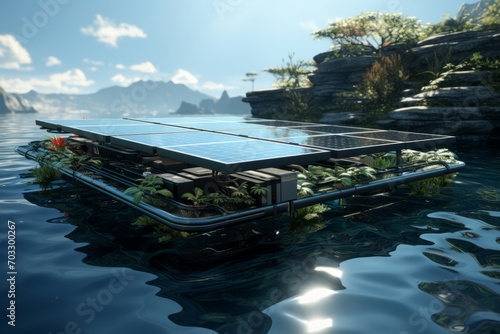 Solar-Powered Floating Platform on a Clean Water Surface, on an isolated Clean Water Blue background, Generative AI.