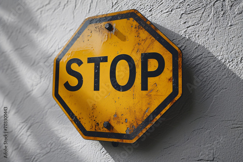 Aged yellow stop sign on a textured gray wall photo