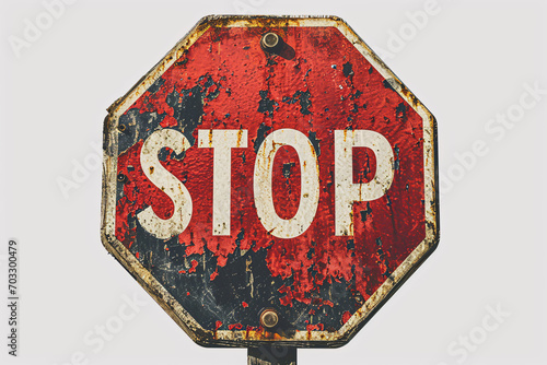 Weathered red stop sign with visible rust and scratches photo